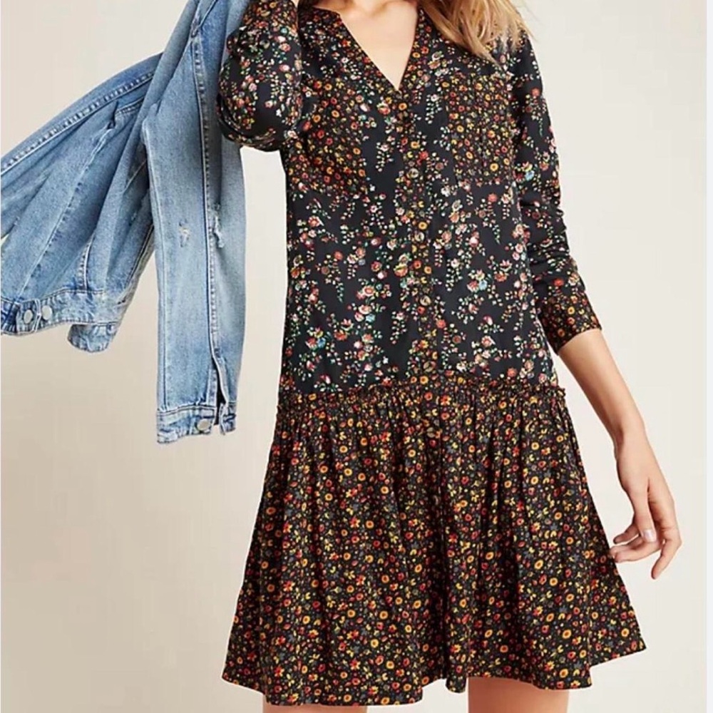 Anthropologie Maeve Marlie Floral Button Front Tunic Dress Size 2 oversized